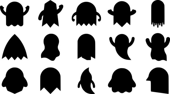 Collection of spooky black silhouettes of cartoon ghosts for halloween designs