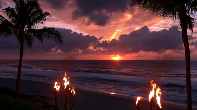 Hawaii luau party Maui fire tiki torches with open flames burning at sunset sky clouds at night