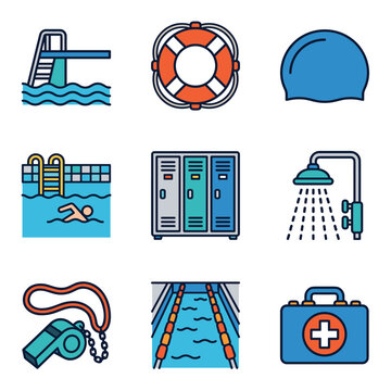 Collection of pixel art icons representing swimming pool elements and activities, including a diving board, lifeguard ring, swim cap, pool lanes, locker room, shower, whistle, and first aid kit