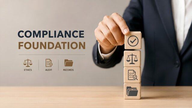 A business professional building a compliance foundation using wooden blocks to represent corporate governance and modern technology regulation standards