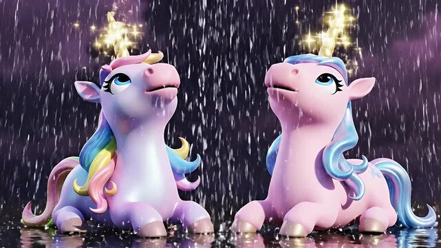 Two pastel colored unicorn toys gently floating in a moonlit night on a calm reflective water surface