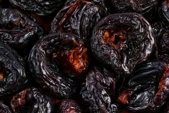 Dried fruits arranged on a surface in a close-up view showing their texture and color