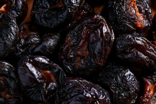 Dried plums are arranged together, showing their dark color and wrinkled texture in a close view