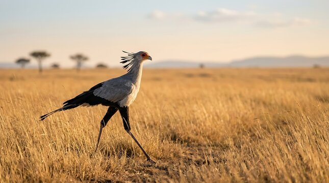 A secretary bird walks gracefully through the golden savannah grassland during sunset
