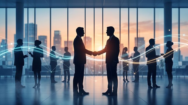 Business people shaking hands in modern office silhouette with digital network connection lines overlay representing global corporate communication and team collaboration in sunset urban cityscape