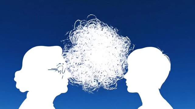 White silhouettes of older woman and child with tangled thought clouds