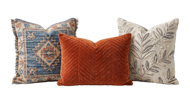Three decorative throw pillows with varied textures and patterns on white background