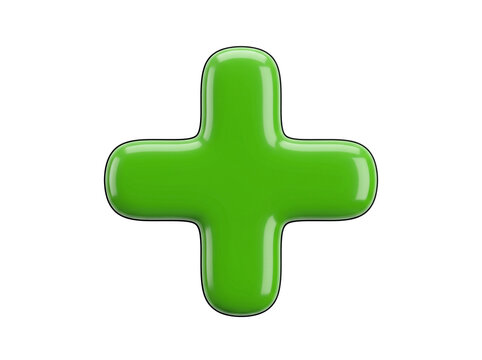 Glossy green 3d plus sign icon for math symbols, educational materials, websites, and graphic design projects needing mathematical elements.