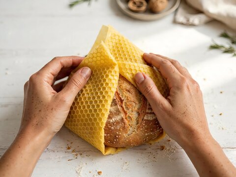 Caucasian female hands wrapping a fresh crusty artisan sourdough bread loaf in a reusable beeswax food wrap with honeycomb pattern on a rustic white table for eco-friendly zero waste food storage