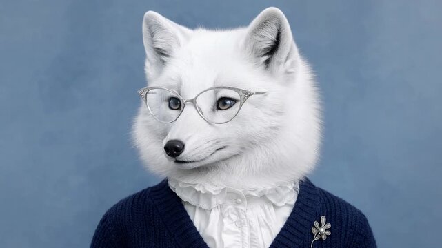 Elegant arctic fox female character dressed as a teacher, professor, or librarian blinking against a blue backdrop