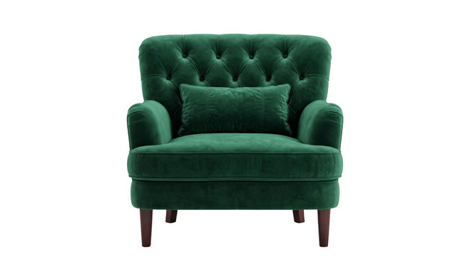 Elegant emerald green velvet armchair with tufted back and lumbar pillow