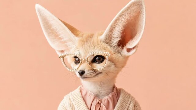 Elegant fennec fox female character with big ears wearing stylish clothes and pearl glasses on a pink background