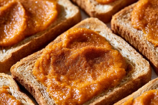 Bread slices topped with sweet orange spread ready for serving