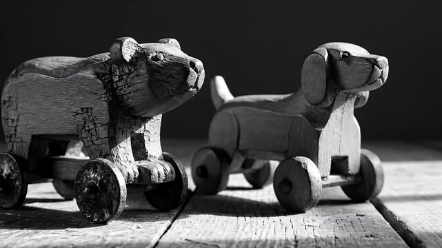 Two vintage wooden pull toys shaped as animals on wheels beside a rustic wooden floor