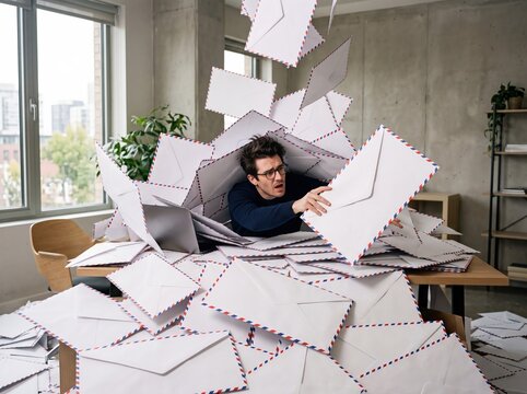 Young man buried under a mountain of airmail envelopes, portraying stress and communication overload in a modern office environment