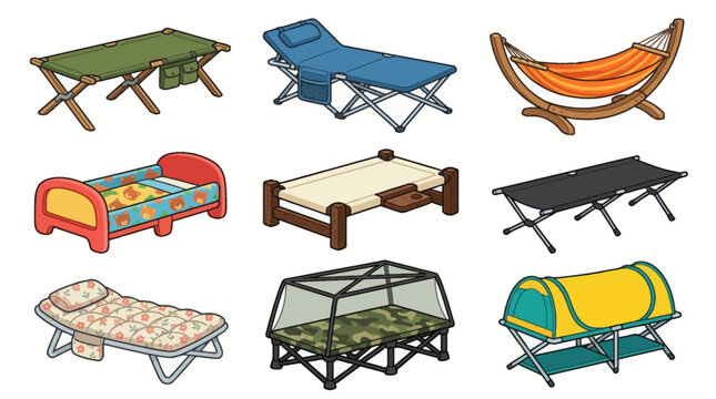 Outdoor camping equipment set featuring cots and tents.
