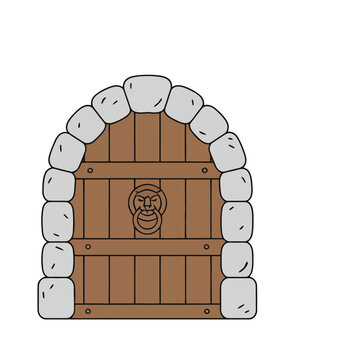 Wooden door with stone arch and lion knocker