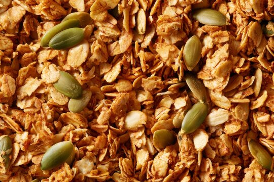 Granola with oats and pumpkin seeds placed on a wooden surface