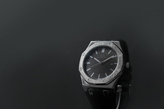 Silver and Black Analog Wristwatch with Copy Space