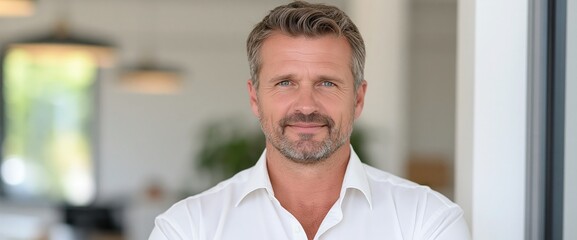 Fototapeta premium Middle-aged businessman wearing a white shirt stands confidently inside a modern office building.