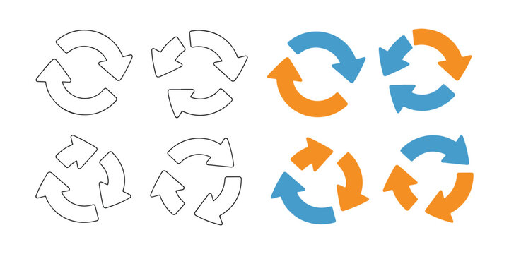 Collection of circular refresh and reload arrows in flat colors and outline style for user interface.