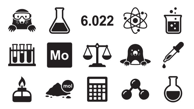 Chemistry Mole Day solid icon set. Includes symbols for Avogadro number, beaker, atom, and test tube. Black glyph icons for science education, laboratory research, and chemical calculation.