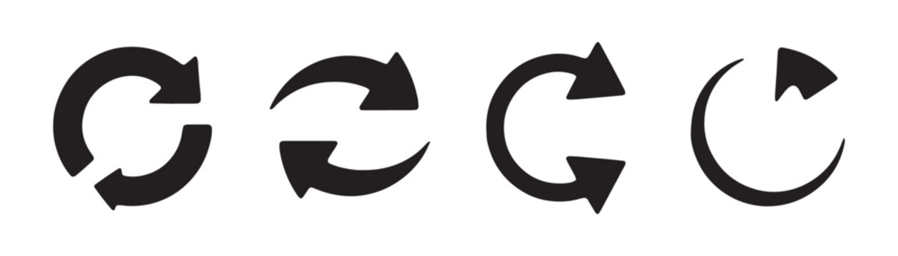 Black refresh and reload arrow vector icons for user interface design and web applications.