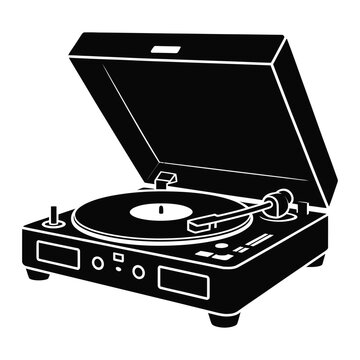 A black silhouette of a vintage turntable with an open lid is displayed