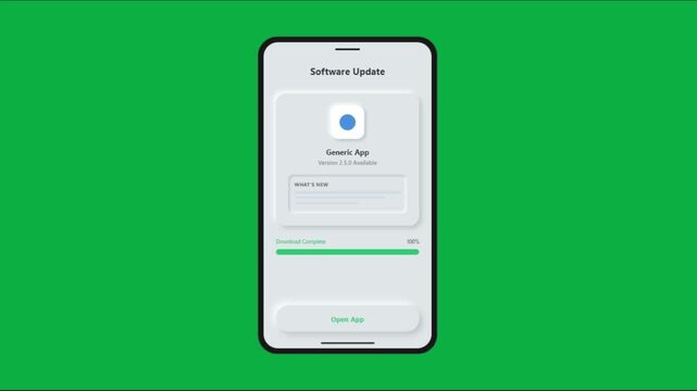 Mobile software update interface on green screen showing an app download progress bar, installation status, completion message, and open app button