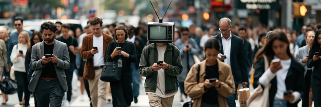 Person with television head in a busy urban crowd, depicting media consumption, communication, and digital distraction