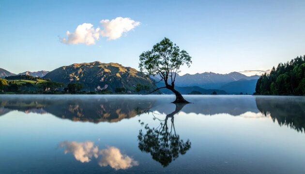 Lonely tree in calm lake with mountain reflection at dawn