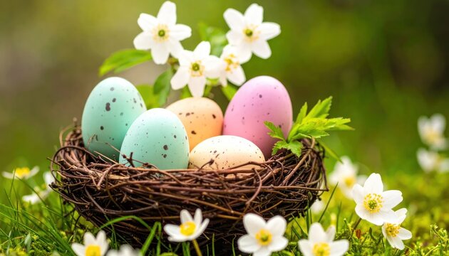 Colorful speckled Easter eggs in bird nest with spring flowers
