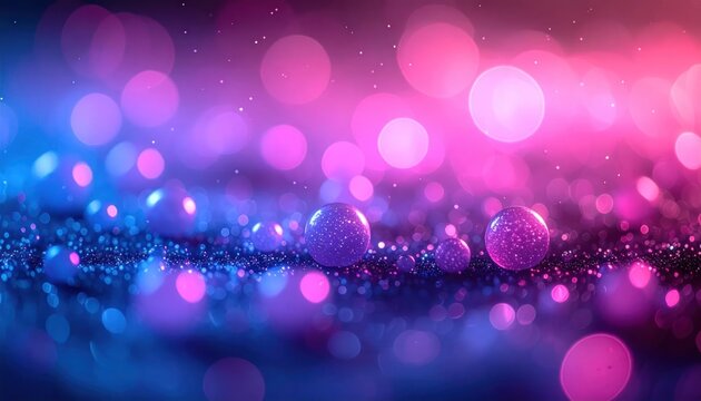Abstract purple and blue glitter bokeh with glowing spheres