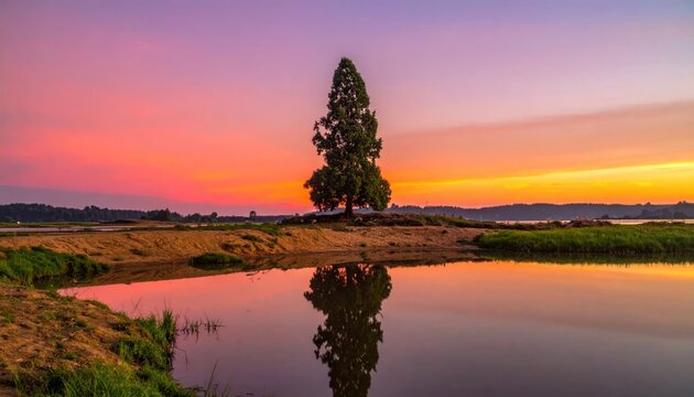 Single tree reflecting in calm lake at sunset