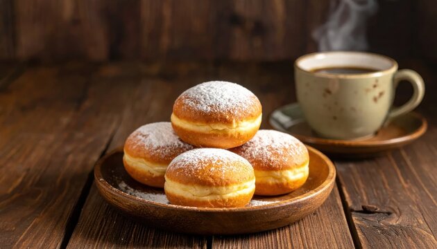 Fresh powdered donuts on wooden plate with hot coffee