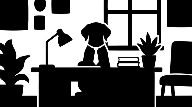 Professional Dog at Office Desk Silhouette Illustration