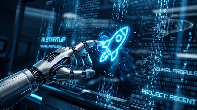 Robotic hand touching virtual screen with glowing rocket icon representing AI startup launch and futuristic technology innovation