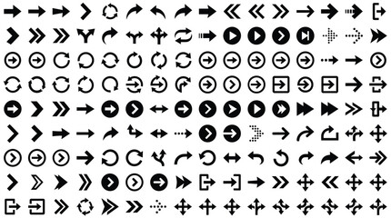 Fototapeta premium Minimalist black arrow vector collection featuring diverse navigation symbols and directional icons for digital interface design