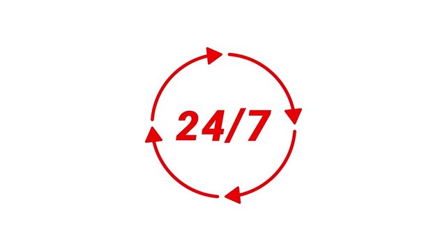 24-hour reliable service concept icon animation, symbolizing continuous availability and uninterrupted support for customers worldwide.