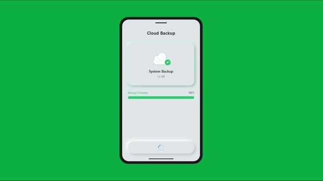 Mobile cloud backup interface showing system data upload progress and successful completion with a green checkmark on chroma key background