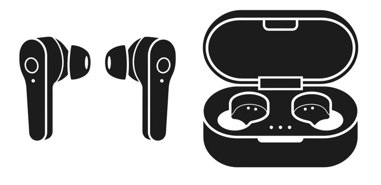 Wireless earbuds with charging case vector icon. Black silhouette of true wireless headphones. Modern portable audio equipment for music and calls.
