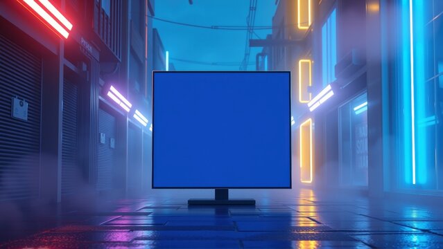 Futuristic city scene. Glowing neon lights illuminate wet pavement. Central monitor displays blank blue screen. Dramatic lighting creates moody atmosphere.