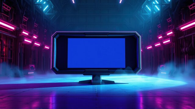 Futuristic corridor features central monitor. Blue, pink lighting creates dramatic, hightech atmosphere. Fog adds depth, mystery.