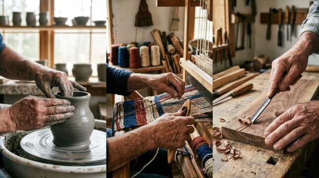 Manual creator skill: sculpt clay, weave thread, carve timber, shape vessel, loom textile, work workshop, create heritage, design product, foster culture, practice trade.