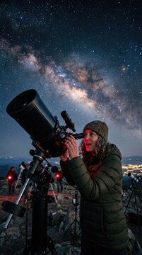 Astronomer watch cosmos: stellar telescope, space exploration, galaxy search, night observation, cosmic wonder, science discovery, universe study, outer infinity.