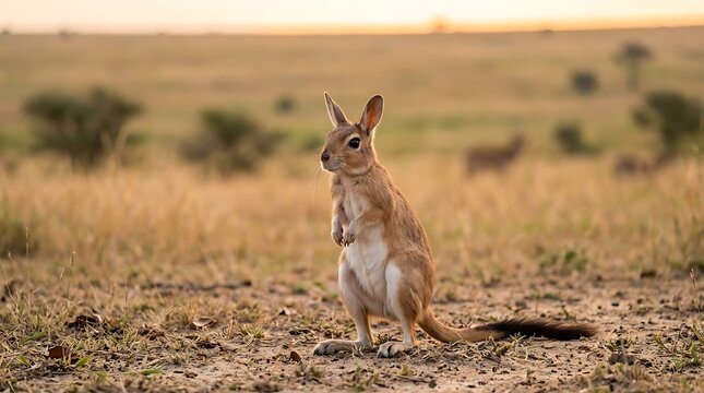 Cute Springhare Standing Upright in the Golden African Savanna Grasslands During a Beautiful Sunset
