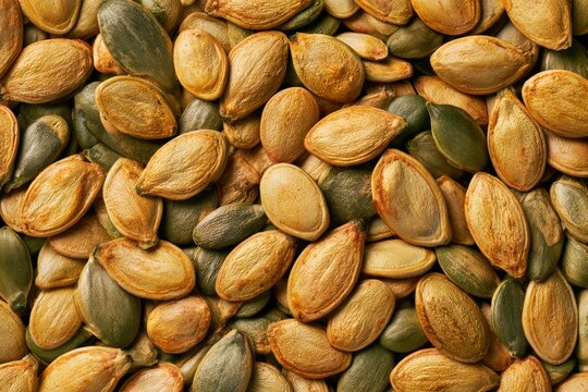 Pumpkin seeds spread out on a surface with various colors and shapes