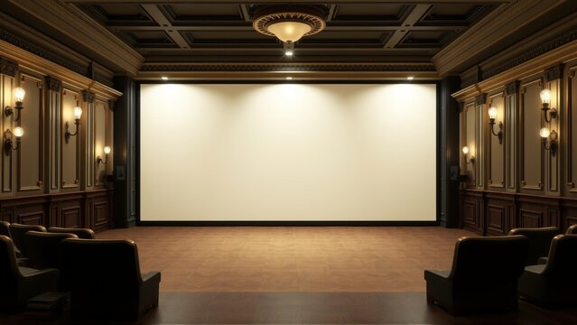 Luxurious home theater features empty seats facing bright screen. Dark wood paneling, ornate ceiling fixture create dramatic ambiance.