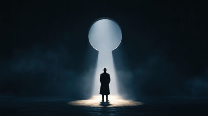 Obraz premium A man in a coat stands before a large glowing keyhole opening. This image symbolizes finding solutions, hope, and new opportunities.
