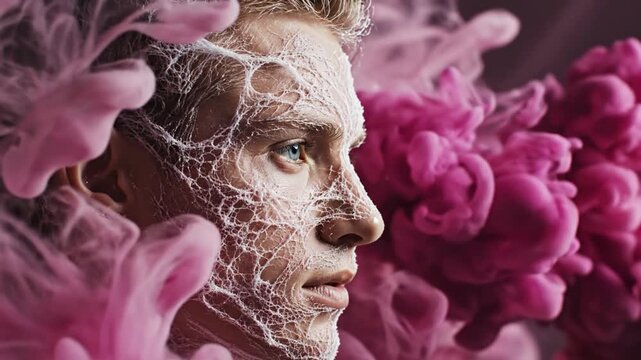 Young man's face covered in intricate white pattern against pink smoke